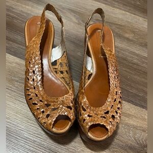 BCBG Max Azria Woven Leather Wooden Platform Wedge Peep Toe Heels Tan Slingback